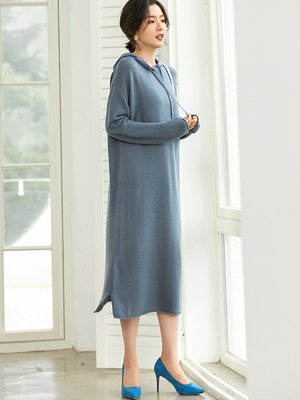 Blue Hooded Midi Knit Dress