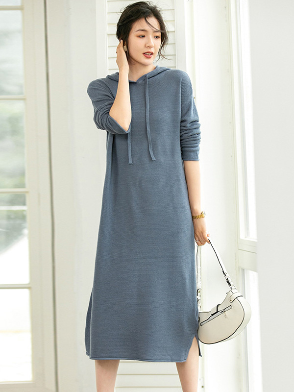 Blue Hooded Midi Knit Dress