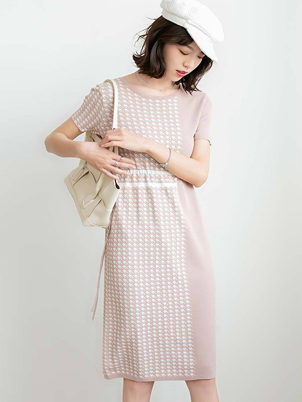 Pink Houndstooth Short Sleeves Midi Dress