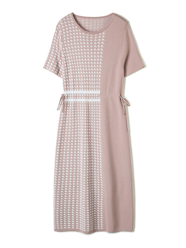 Pink Houndstooth Short Sleeves Midi Dress