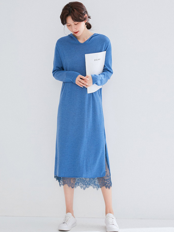 Blue Hooded Knitted Maxi Dress