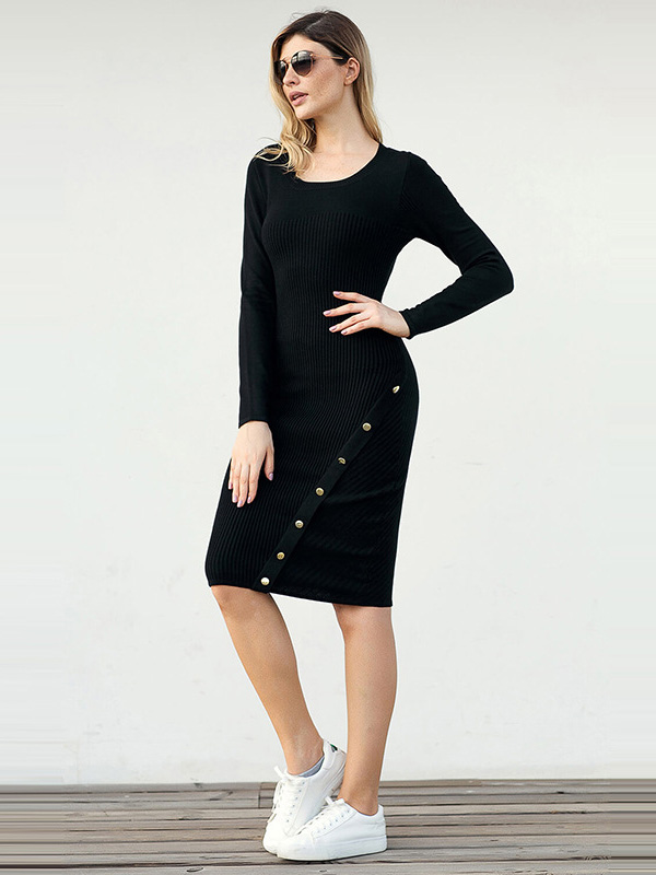 Black Round Neck Bodycon Dress with Button