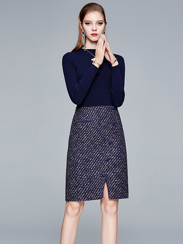 Navy Crew Neck Knit Woolen Midi Dress