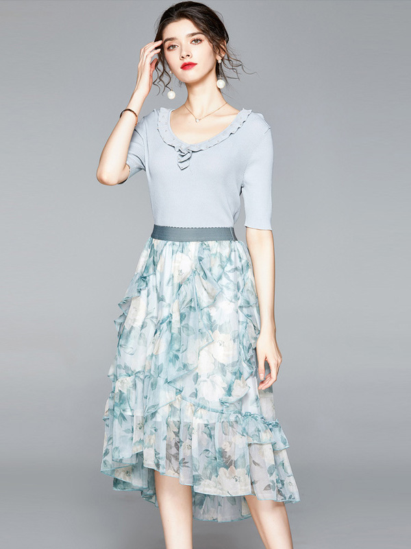 Light Blue Round Neck Top and Printed Skirt Set