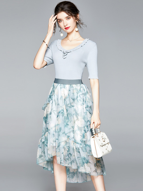 Light Blue Round Neck Top and Printed Skirt Set