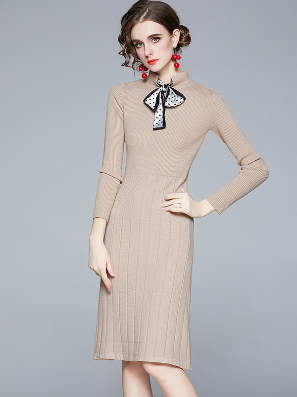 Khaki Stand Collar Knit Dress with Bowknot