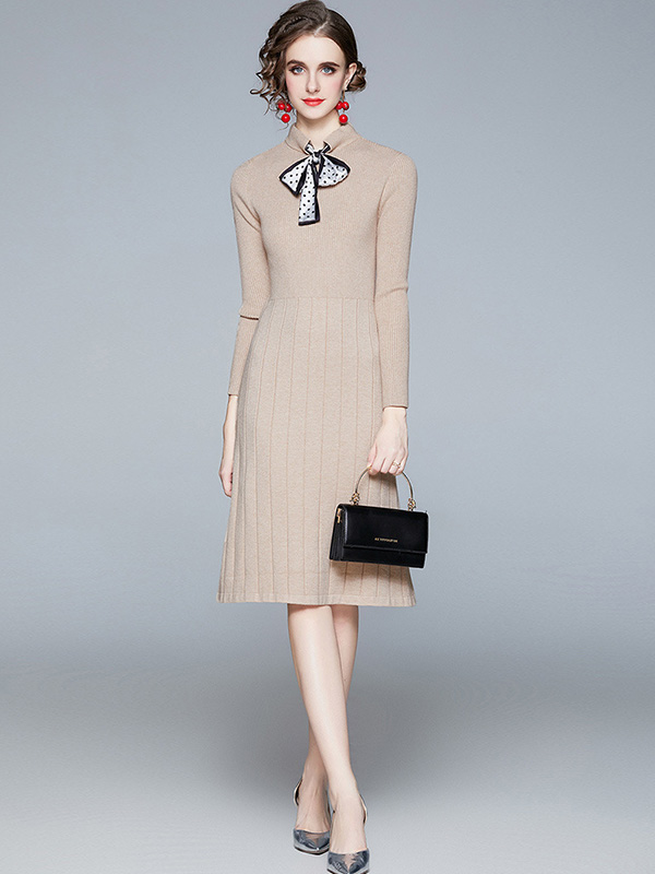 Khaki Stand Collar Knit Dress with Bowknot