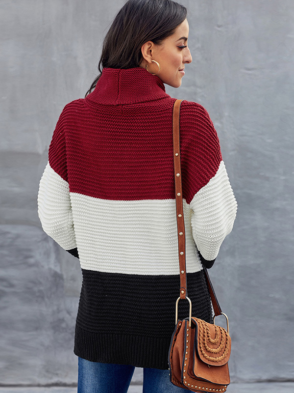 Red High Collar Color Block Sweater