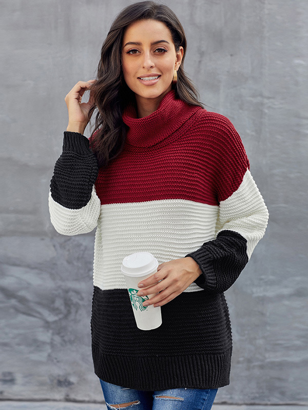 Red High Collar Color Block Sweater