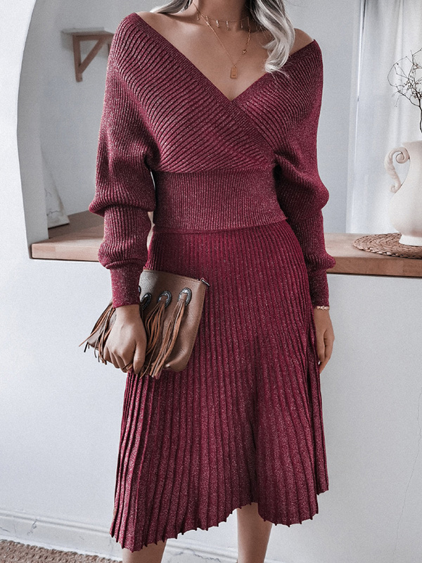 Burgundy Deep V Neck Wrap Midi Dress