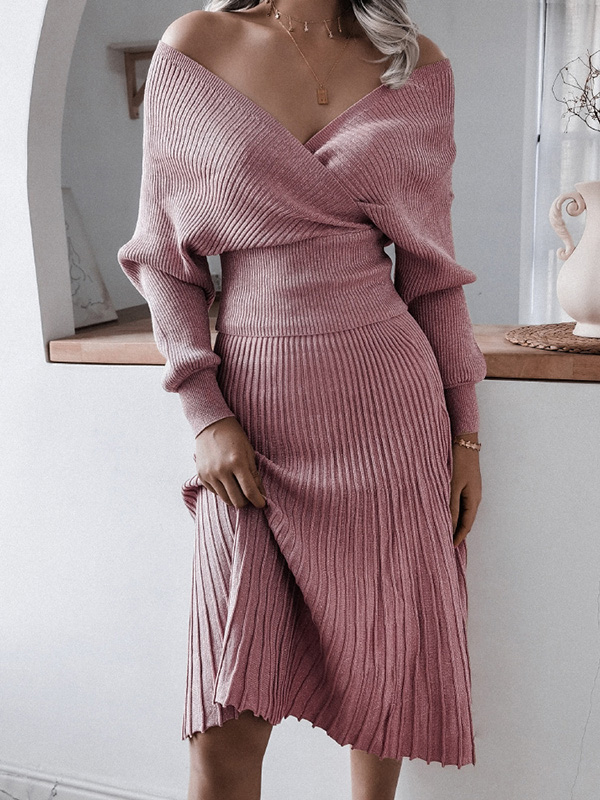 Pink Deep V Neck Wrap Midi Dress