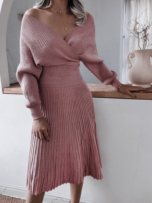 Pink Deep V Neck Wrap Midi Dress