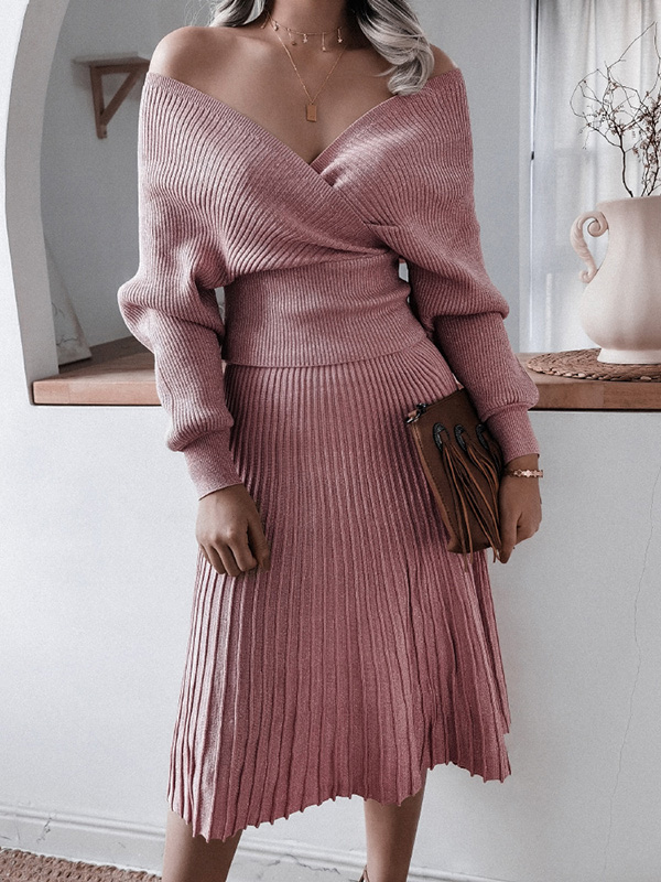 Pink Deep V Neck Wrap Midi Dress