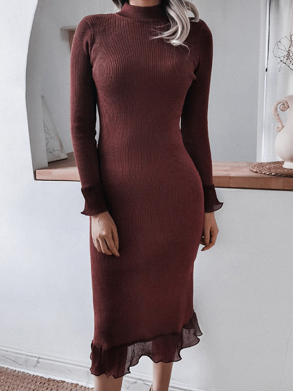 Brown Stand Collar Ribbed Style Midi Dress