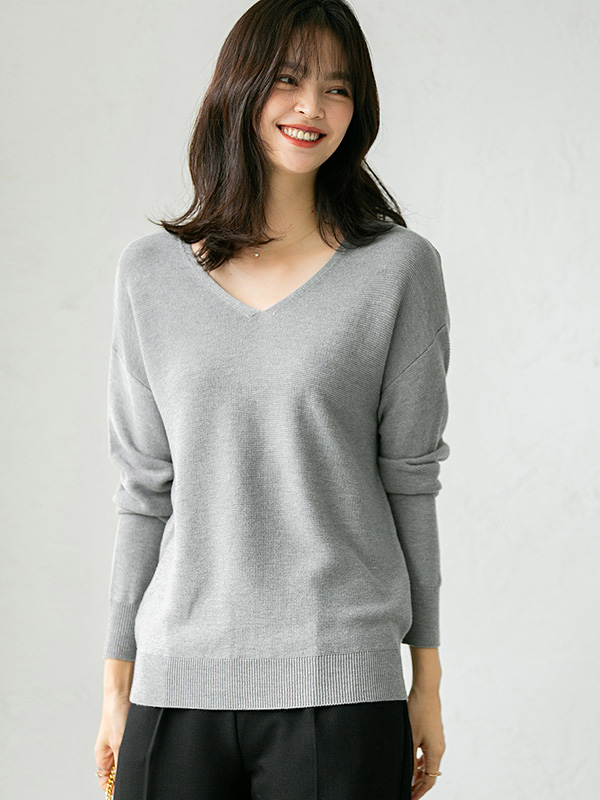 Grey V Neck Knitted Top