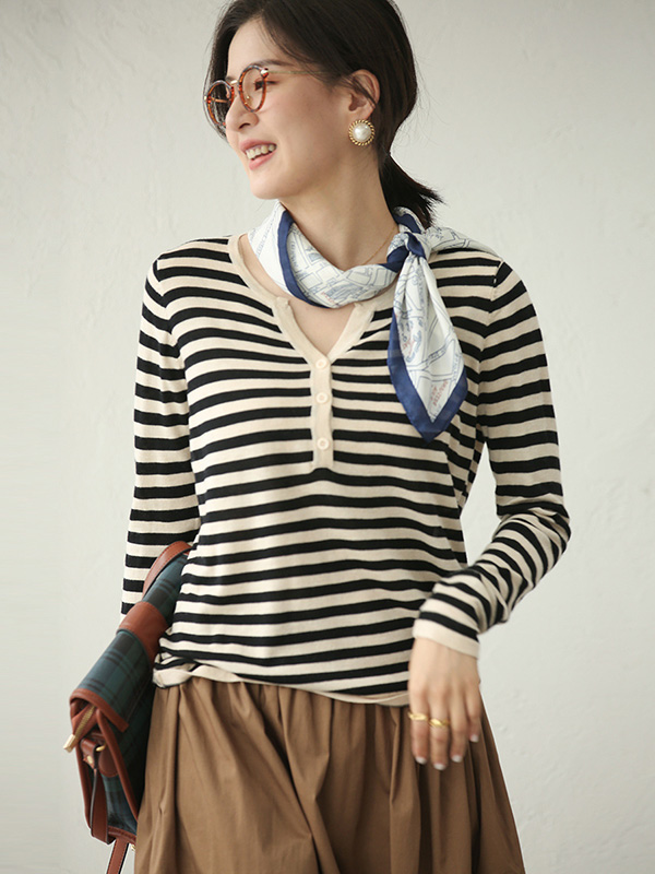 Apricot Striped Round Neck Knit Top