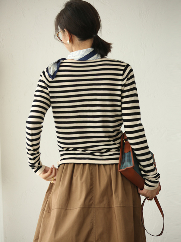 Apricot Striped Round Neck Knit Top