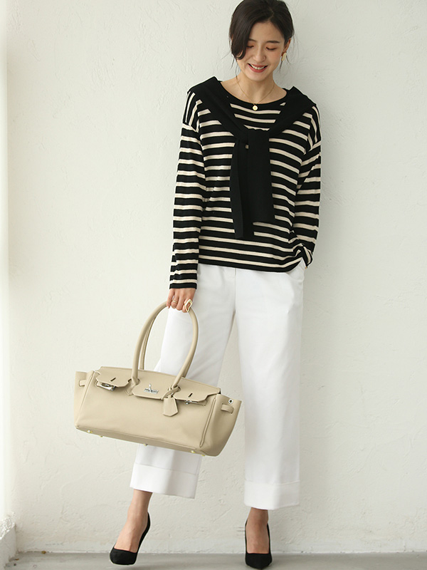 Black Striped Round Neck Knit Top with Cape