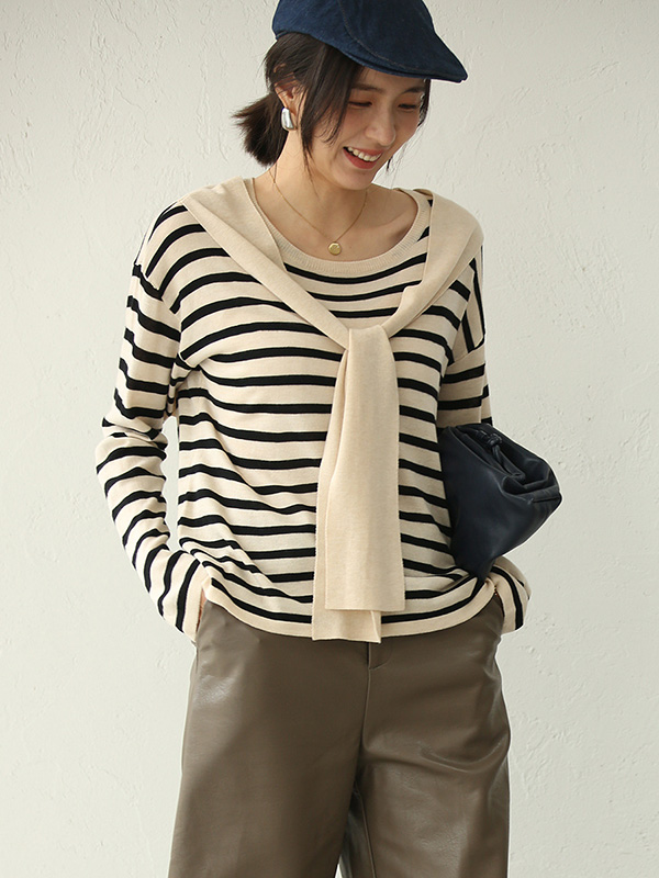 Apricot Striped Round Neck Knit Top with Cape