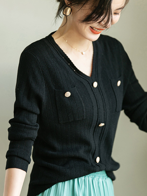 Black V-neck Knit Top with Buttons