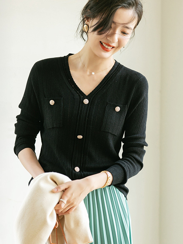 Black V-neck Knit Top with Buttons