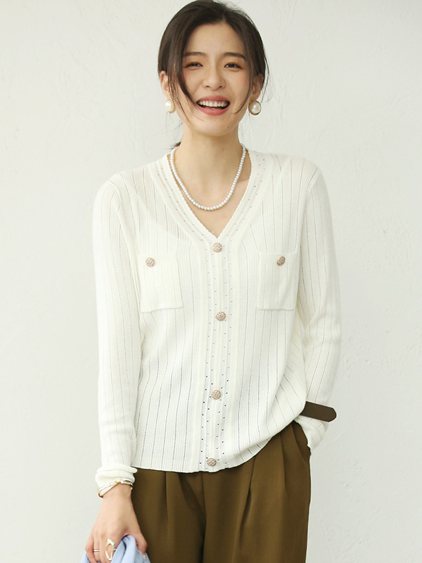 White V-neck Knit Top with Buttons