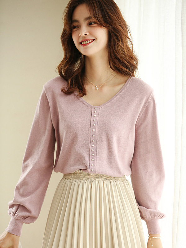 Pink V Neck Beaded Knit Top