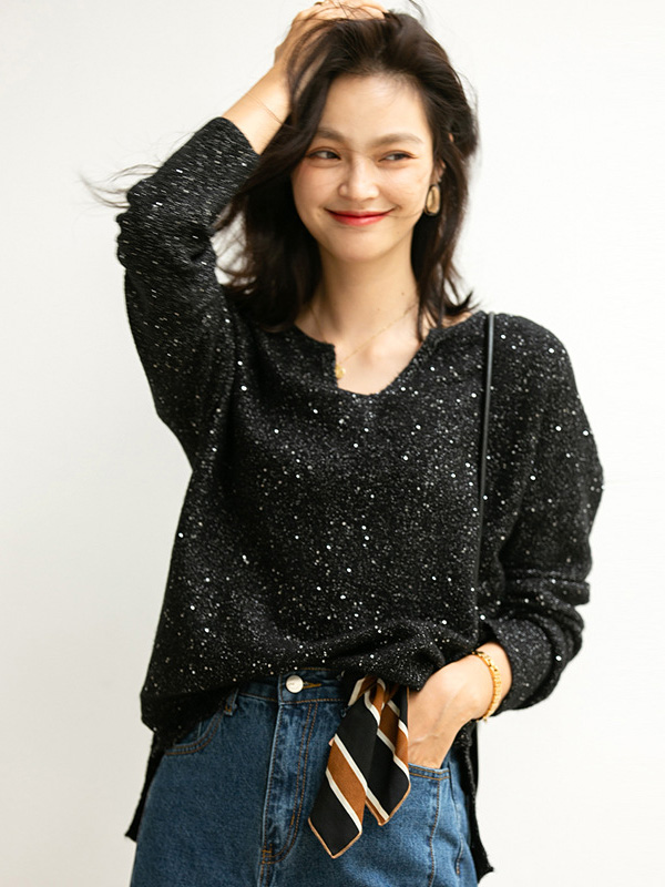 Black V Neck Sweater with Sequins