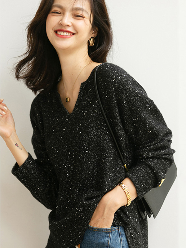 Black V Neck Sweater with Sequins