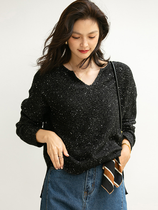 Black V Neck Sweater with Sequins