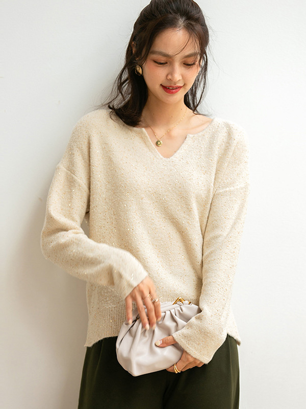 Apricot V Neck Sweater with Sequins