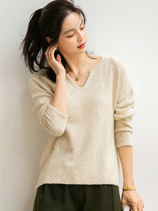 Apricot V Neck Sweater with Sequins