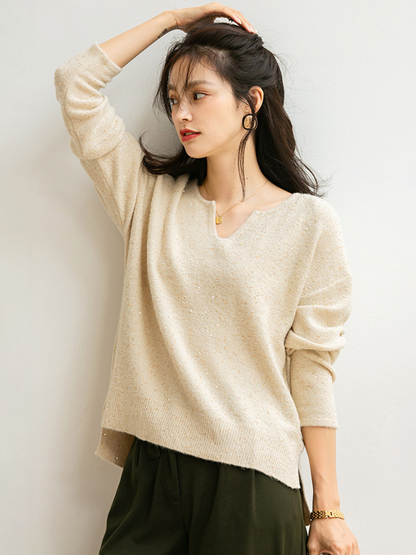 Apricot V Neck Sweater with Sequins