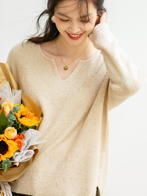 Apricot V Neck Sweater with Sequins