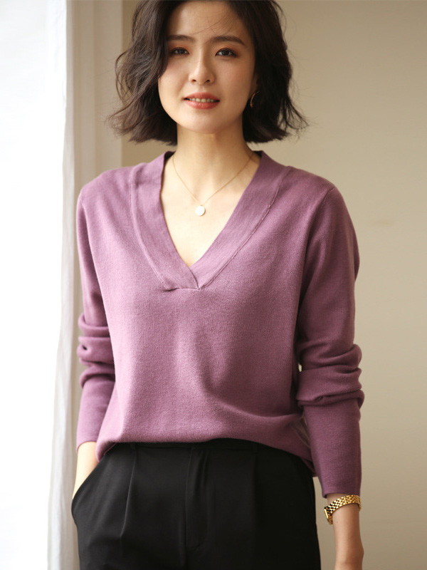 Purple Deep V Neck Knitted Top