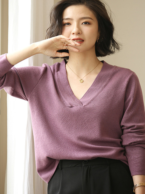 Purple Deep V Neck Knitted Top