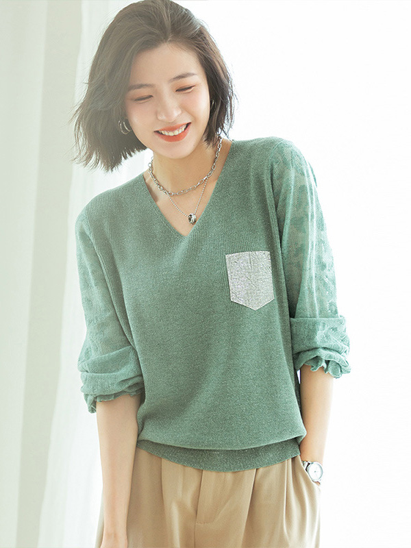 Green V Neck Lattern Sleeve Knitted Top