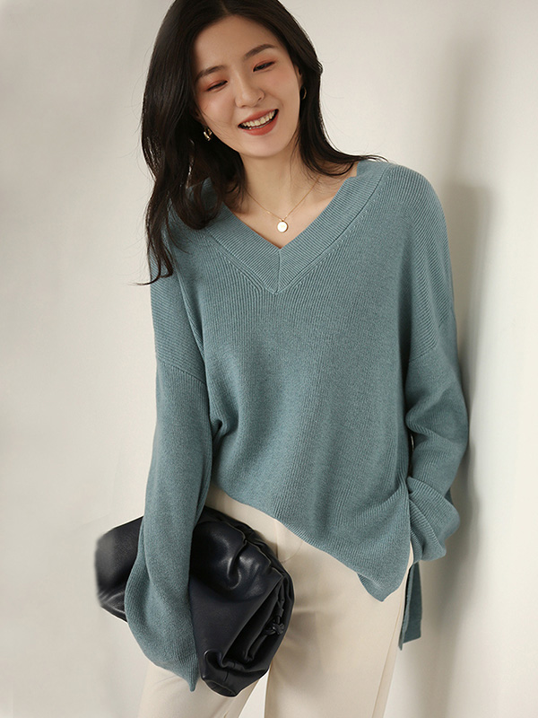 Blue V Neck Loose Sweater