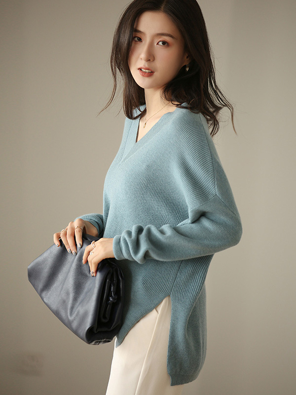 Blue V Neck Loose Sweater