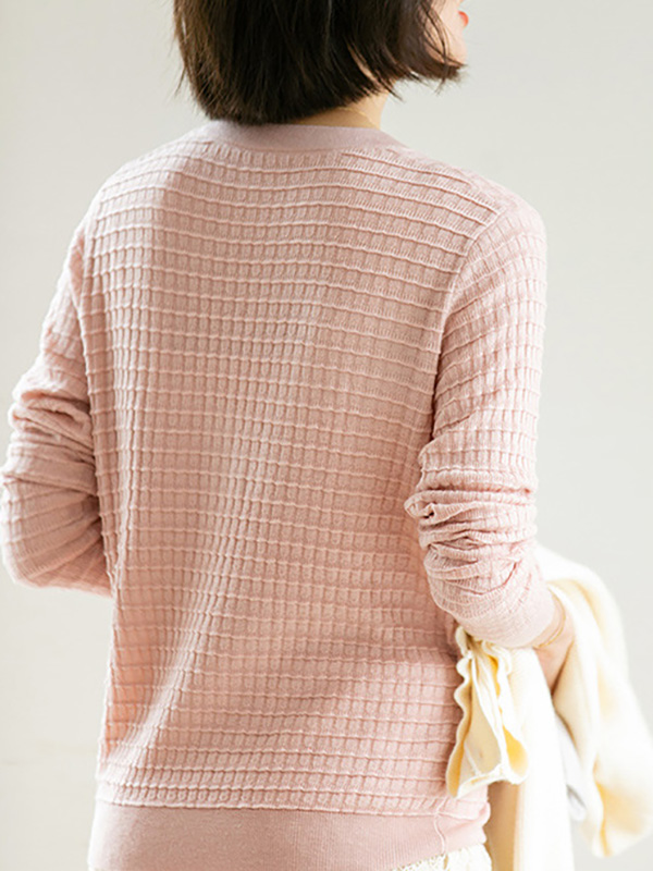 Pink V Neck Knitted Top with Button Decoration