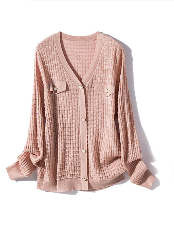 Pink V Neck Knitted Top with Button Decoration