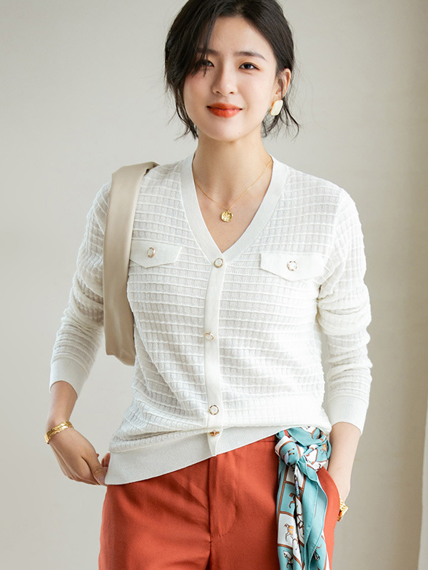 White V Neck Knitted Top with Button Decoration