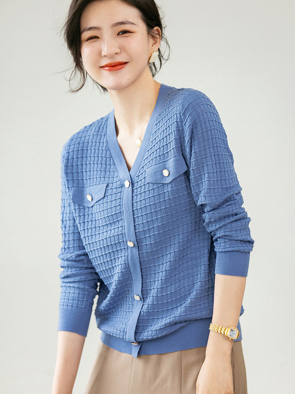 Blue V Neck Knitted Top with Button Decoration