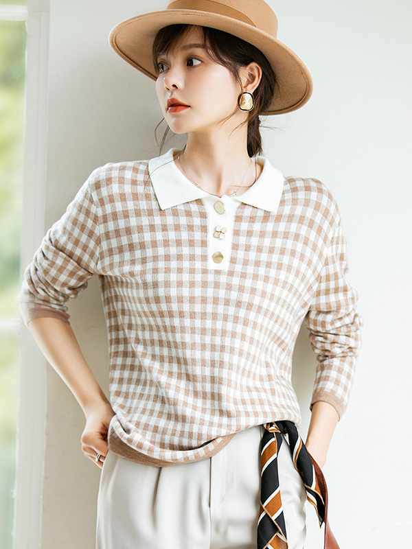 Khaki Check Polo Knitted Top