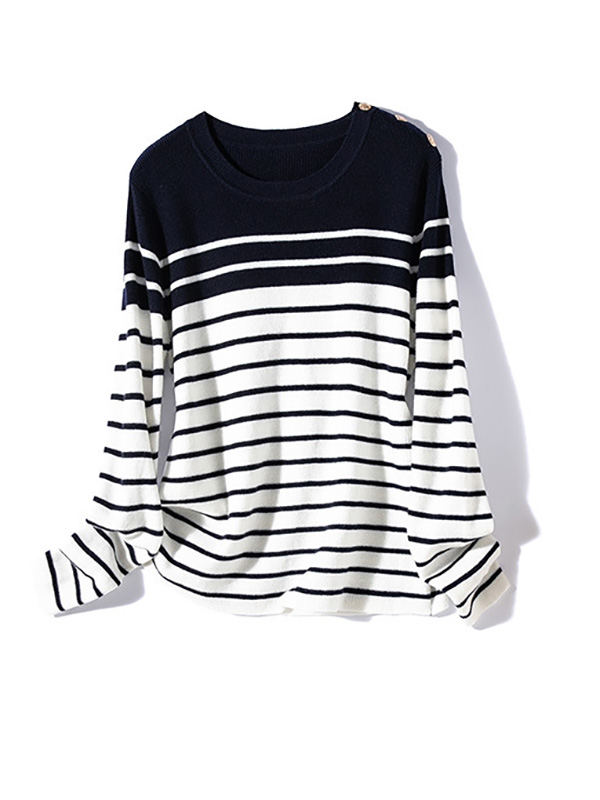 Navy Blue Round Neck Striped Knit Top