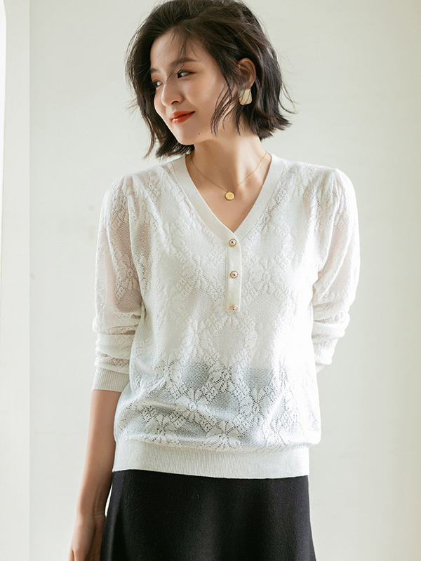 White V-Neck Hollow-out Knit Top