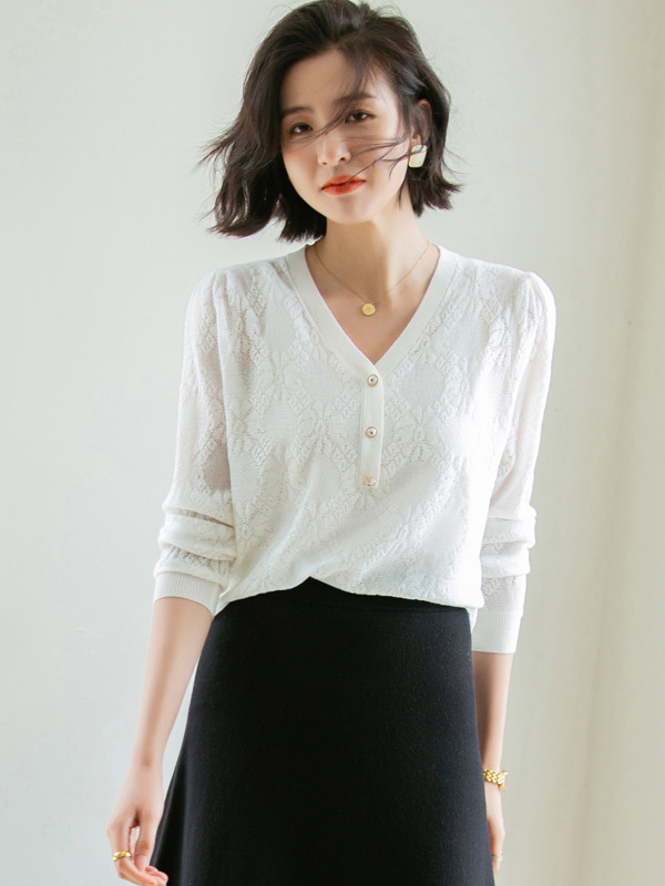 White V-Neck Hollow-out Knit Top