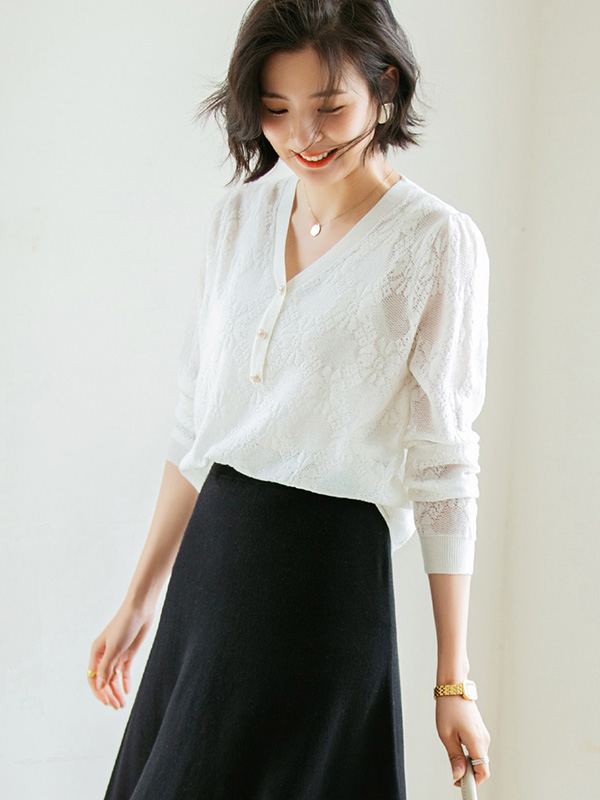 White V-Neck Hollow-out Knit Top