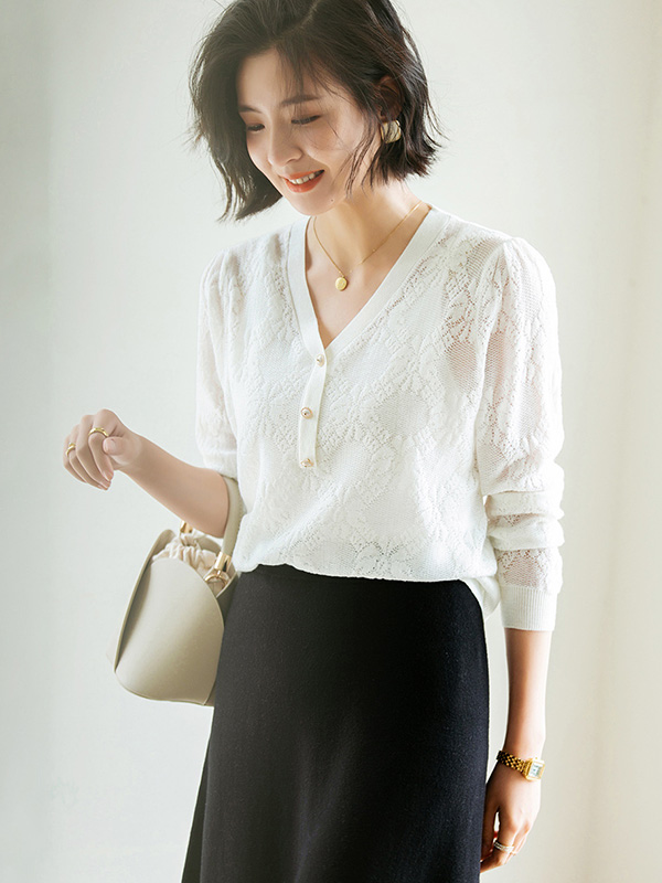 White V-Neck Hollow-out Knit Top