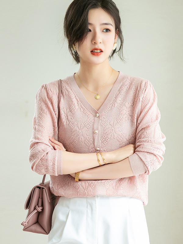 Pink V-Neck Hollow-out Knit Top